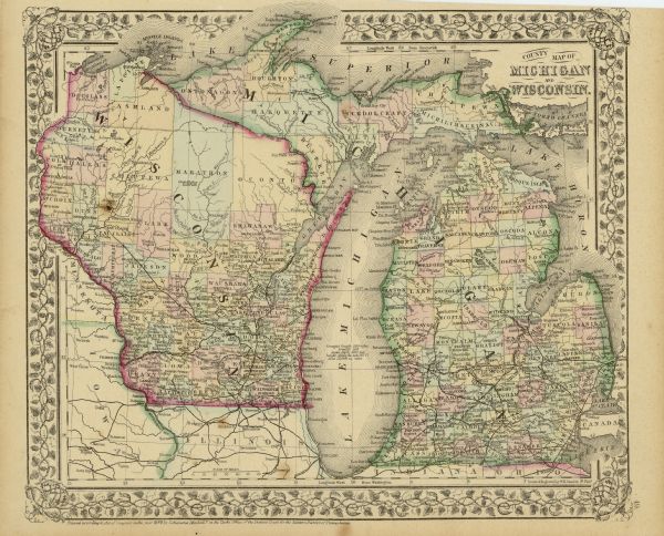 A hand-colored map of Wisconsin and Michigan detailing the states’ rivers, lakes, counties, town and cities. The map gives the greatest length, breadth, mean depth and square miles of Lake Michigan. In addition to these details, the map also shows portions of eastern Minnesota and Iowa as well as northern Illinois and Indiana.