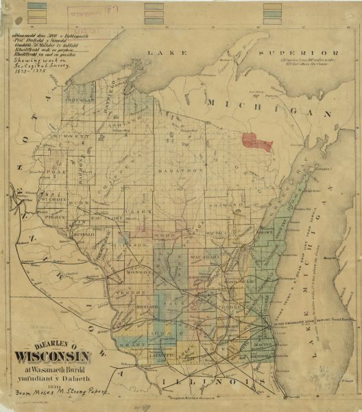A geological survey map of Wisconsin, with hand-colored portions showing the surveys completed from 1873 to 1875.  Although the title and legend are in Welsh, the map details are in English. Within the map, it shows the rivers, lakes, railroads completed, railroads projected, the Detroit and Milwaukee Steam Ship Line, and parts of the bordering states of Michigan, Illinois, Iowa and Minnesota.