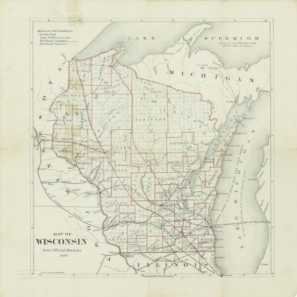 Map of Wisconsin showing counties and their county seats, towns and cities with over 3,000 inhabitants, the Detroit and Milwaukee Steam Ship Line, and both completed and projected railroads. The map also shows portions of eastern Minnesota and Iowa, northern Illinois, and the Upper Peninsula of Michigan. Also provided in the map are the lengths, widths, and sea levels, of Lake Superior and Lake Michigan.