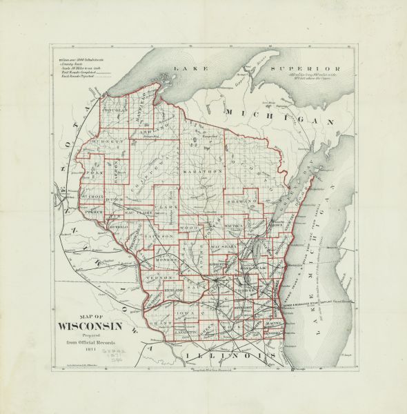 A map of Wisconsin which shows the counties, county seats, those cities with over 3,000 inhabitants. The map also depicts the rivers, lakes, completed and projected railroads, the Detroit and Milwaukee Steam Ship Line, the Grand Truck Railroad Steamship Lines, and portions of eastern Minnesota and Iowa, northern Illinois, and portions of Michigan. The map also includes the lengths, widths, and sea leaves of Lake Superior and Lake Michigan.