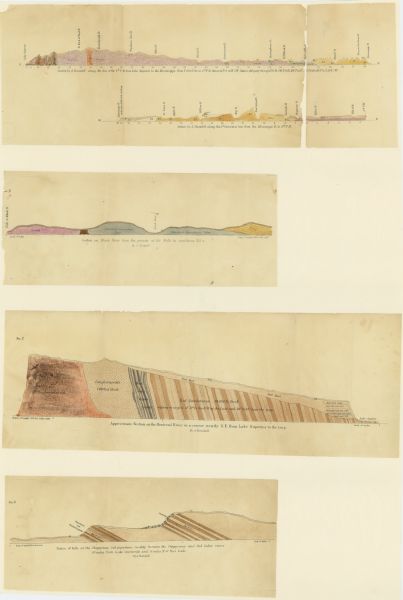 A series of four hand-colored, geological maps of Wisconsin. Starting from the top of the page, the first map is of a section along the line of the 4th principal meridian from Lake Superior to the Mississippi and a section along the 3rd correction line from the Mississippi River to 4th principal meridian. The second map is of a section on Black River from the granite at the falls to sandstone F1a. The third map is of the approximate section on the Montreal River in a course nearly southeast from Lake Superior to the trap. The fourth and final map (scale of height 200 is of a section of hills at the Chippeway red pipestone locality between the Chippewa and 15 miles north of Red Cedar rivers.