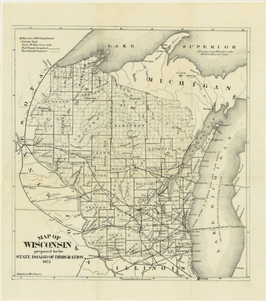A map of Wisconsin which shows the counties, county seats, those cities with over 3,000 inhabitants. The map also displays the rivers, lakes, completed and projected railroads in Wisconsin as well as the Detroit and Milwaukee Steam Ship Line, the Grand Truck Railroad Steamship Lines, and portions of eastern Minnesota and Iowa, northern Illinois, and portions of Michigan. The map also includes the lengths, widths, and sea leaves of Lake Superior and Lake Michigan.