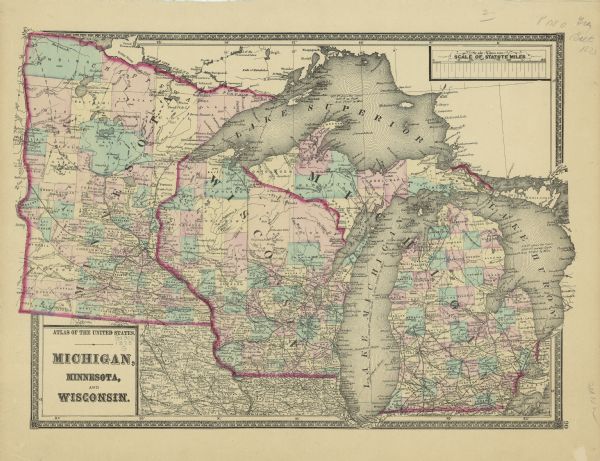 A hand-colored map of Minnesota, Wisconsin, and Michigan shows the counties, cities, villages, rivers, lakes, railroads, and steamboat routes in these states. The map also includes eastern Iowa and northern Illinois and provides the average depth and square miles of Lake Superior and Lake Huron.