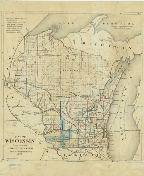 Map of Wisconsin showing counties, county seats, cities with populations over 3,000, and congressional districts. The map also includes rivers, lakes, railroads completed, railroads projected, Lake Michigan steamship routes and the lengths, widths and sea levels of lakes Superior and Michigan.