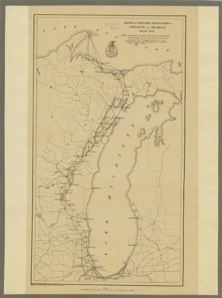 Map of the triangulations made from Vulcan on the Keweenaw Peninsula in the Upper Peninsula of Michigan south through eastern Wisconsin, past Chicago to Bald Tom in Michigan northeast of Michigan City, Indiana.  The map also shows where the triangulations were completed and where stations have been erected but the triangulations have not been read.