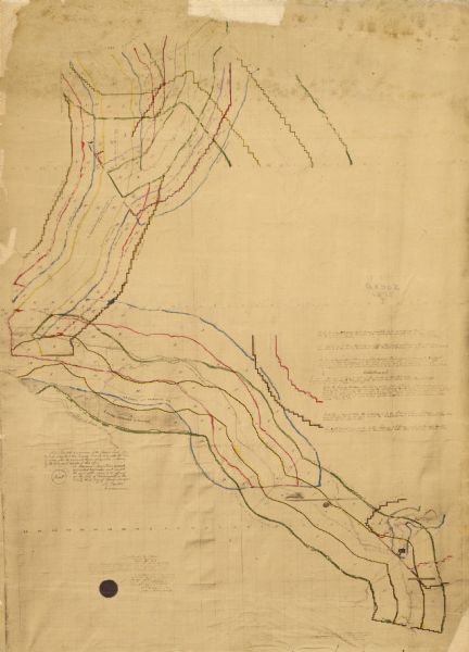 A hand-drawn and colored map of Wisconsin showing the railroad routs and railroad land grants La Cross and Milwaukee Railroad, St. Croix and Tomah Railroad, and the St. Croix and Lake Superior Rail Road. Also indicated on the map are the 20,15, 10, and 6 mile limits of the railroads as well as those lands that were restored to market.