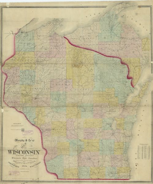 A map of Wisconsin and the western portion of Michigan’s Upper Peninsula showing the township grid, counties, towns, river systems, and lakes. The borders of Wisconsin as well as the state’s counties are hand-colored. The map also includes a table on the lower right corner showing the 1875 population of the Wisconsin’s counties.