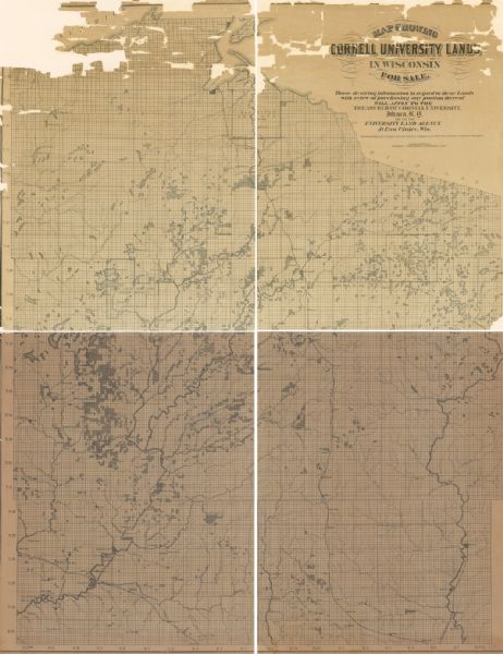This map shows the lands in northern Wisconsin owned by Cornell University that were for sale. Text on the map encourages interested buyers to seek more information from the treasurer of Cornell University in Ithaca, New York, or from the University Land Agency at Eau Claire, Wisconsin.