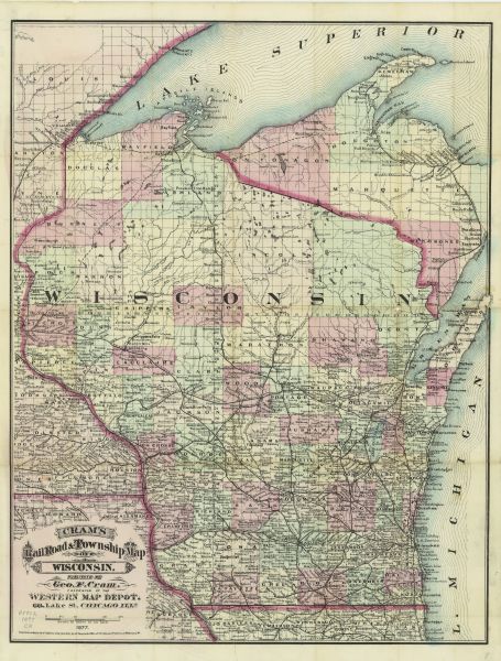 A hand-colored map of Wisconsin showing counties, township gridlines, river systems, and railroad routes throughout the state.  The map also includes portions of eastern Minnesota, Iowa, northern Illinois, and the Upper Peninsula of Michigan.