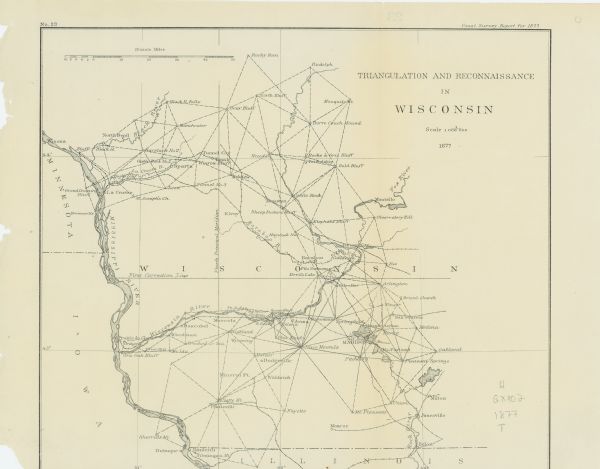 A map of the triangulation and reconnaissance along the southwest corner of Wisconsin. The map shows the river systems, railroads, cities, and villages that are in the area of the reconnaissance.