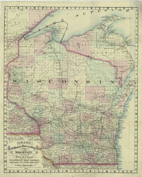 A map of Wisconsin as well as the southeastern most portions of Minnesota and Iowa and the Upper Peninsula of Michigan showing the township grids, railways, cities, counties, and river systems. Scale of map: 1:1,203,840 (19 miles to an inch).