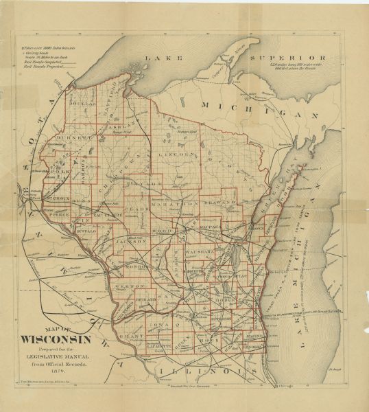A map of Wisconsin showing counties, county seats, cities over 3,000 inhabitants, Lake Michigan steamship routes, railroads completed and projected, rivers, and lakes. The map also includes eastern Minnesota and Iowa, northern Illinois, and Michigan’s Upper Peninsula and gives the lengths, widths, and sea levels of Lake superior and Lake Michigan.