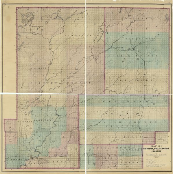 A hand-colored map of the Chippewa, Price, Taylor and the northern part of Clark counties, which shows the locations of farmhouses, schoolhouses, churches, saw mills, flour mills, as well as railroads, wagon roads, winter roads, and the location of dams. Other locations included on the map include: an Indian reservation, Indian village, and a Norwegian settlement.
