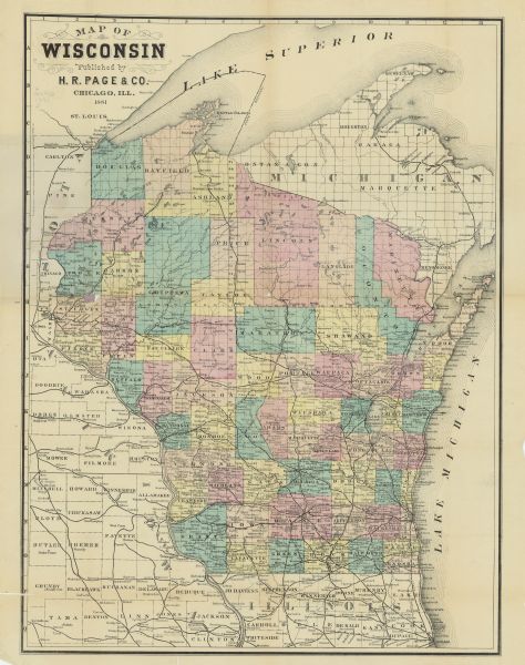 A hand-colored map of Wisconsin that shows counties, cities, towns, villages, railroads, as well as the locations of railroad stations and post offices within the state. The map also includes portions of eastern Minnesota and Iowa, northern Illinois and Michigan’s Upper Peninsula.