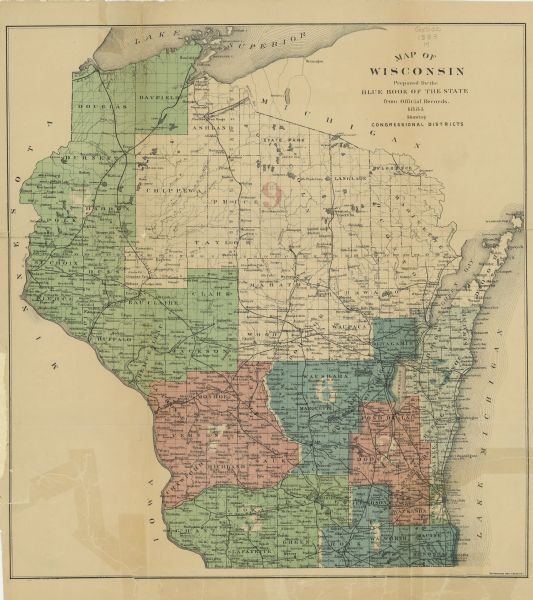 A hand-colored map of Wisconsin showing the nine congressional districts, it also shows the counties, cities, railroads, rivers, and lakes in the state.