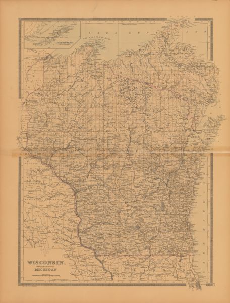 A detailed, hand-colored map of Wisconsin and the western portion of Michigan’s Upper Peninsula, which also includes an inset of Isle Royale in Lake Superior. Aside from this, the map also shows the Apostle Islands, and the counties, cities, villages, rivers, and lakes in Wisconsin. The approximate scale of the map is 1:1,140,480.