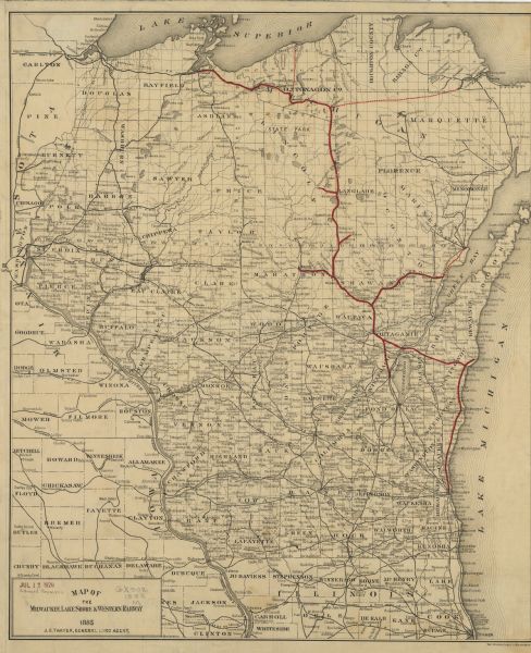 A hand-colored map of Wisconsin that also includes eastern Minnesota and Iowa, northern Illinois, and the Upper Peninsula of Michigan showing the counties, cities, railroads, rivers, and lakes in these areas. The map also highlights in red the Milwaukee Lake Shore and Western Railway in Wisconsin and continuing into the Michigan’s Upper Peninsula.