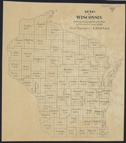 Map of Wisconsin showing the populations of each county as well as the total population for the state.