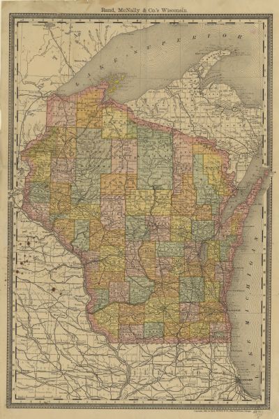 A hand-colored map of Wisconsin showing the railroads, counties, cities, towns, rivers, and lakes in the state. Also included in the map are the eastern portions of Minnesota and Iowa, northern Illinois, and the Michigan’s Upper Peninsula.