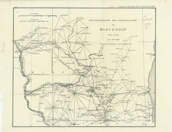 A map of southern Wisconsin, from the Illinois state border in the south to Rocky Run, Wisconsin in the north for the Coast and Geodetic Survey, showing the triangulations completed in the area. The map also identifies railroads, cities, villages, rivers, and triangulation stations.