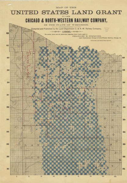 Map of northern Wisconsin showing the Chicago and North-Western Railway Company’s land grants within the counties of Forest, Florence, Langlade, Marinette, and Oconto.