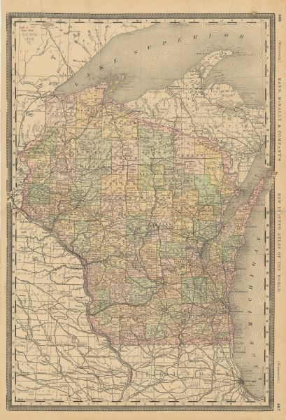 A cloth mounted, hand-colored map of Wisconsin depicting the rail routes, counties, towns, rivers, and lakes throughout the state.  Also included in the map are Michigan’s Upper Peninsula, northern Illinois, and eastern Minnesota and Iowa.