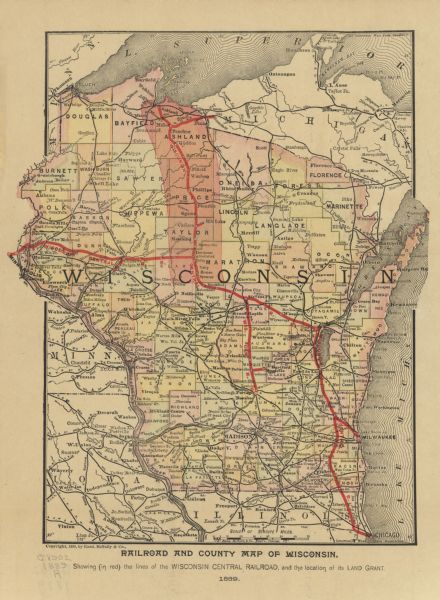 A map that shows the railroad's lines in Wisconsin, northern Illinois, and the Upper Peninsula of Michigan. Those that are marked with a red line are those of the Wisconsin Central Railroad.  The area of the Wisconsin Central Railroad's land grant is along the rail line from the Marathon County-Wood County line just north of Marshfield to Ashland is shaded in red.
