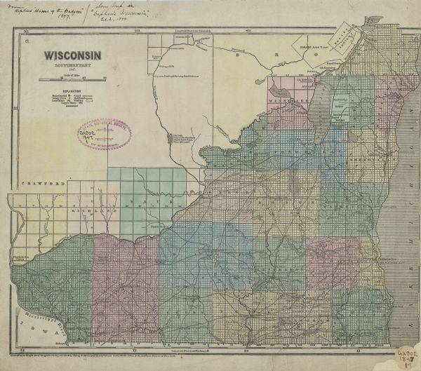 A hand-colored map that shows the area south and east of the Wisconsin and Fox Rivers, as well as a few landmarks just north of that area. The township grid in the southeastern portion of the state is shown and named towns, forts, cities, lead and copper mines, prairies, rivers and lakes, canals, and railroads are identified. The Dells of the Wisconsin and the "Great Marsh" (Horicon Marsh) are shown, as are the reservations of the Oneida, Stockbridge, and Brothertown Indians.