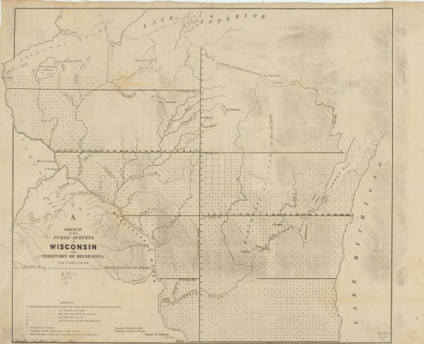 A survey map of Wisconsin and eastern Minnesota, with the township surveys for portions of the Saint Croix region in progress.  The maps also show the Menominee Cession lands, the lands of the Oneida, and the lands Chipeway [Chippewa] and Indian lands in Minnesota.