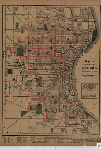 Map printed in the Milwaukee Herald, 16th of February, 1912. Includes list of Assembly, State Senate, and Congressional districts in bottom margin. Contains a block of text that appears to be German. The wards have been outline in red ink. Text and advertisements on verso.