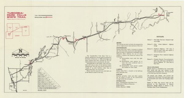 A map that shows the trail route and detours from Rice Lake, in Barron County, through Washburn and Sawyer counties, to Park Falls, in Price County. A mileage chart and text about the trail and the area are included.