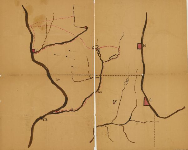 A map of southern Wisconsin and northern Illinois showing where the battles took place and routes taken by Black Hawk and his band during the Black Hawk War. Along with the battle locations, the map also military forts are labeled in pencil, and the cities of Milwaukee marked with an M, Chicago marked with a C, and Prairie du Chien marked with a P.