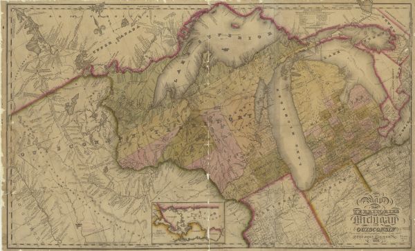 This map depicts Wisconsin and Michigan territories in 1836. It includes the area from Michigan to the Missouri River and Lake Winnipeg, and it shows the expedition routes of Stephen H. Long and Henry R. Schoolcraft. It also includes a small inset of part of the Ste. Marie River.