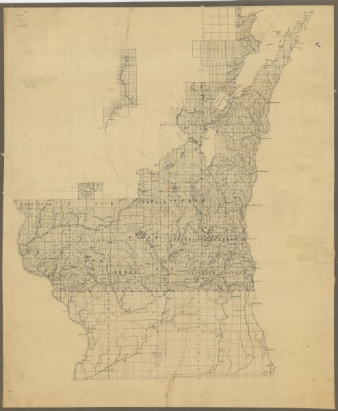 This map shows portions of northern Illinois and Wisconsin surveyed by the map's creation. It shows county lines and university land, and depicts lead and copper mines, ridges, rocky ledges, limestone land, and sandstone ledges.