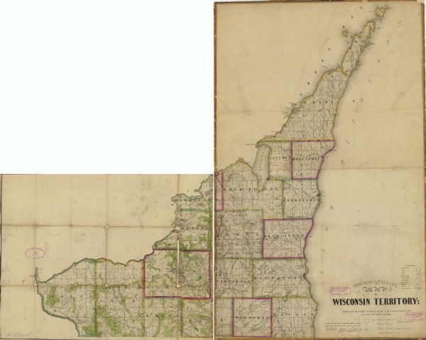 This map shows the townships, roads, trails, natural land forms, vegetation, mill sites and lead and copper deposits in the Wisconsin Territory at the time. It includes the land south of the Wisconsin and Fox Rivers and east of Green Bay.