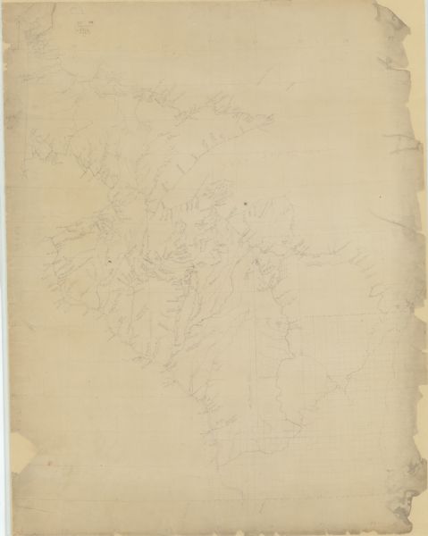 This manuscript map, drawn in pencil, shows the lakes and rivers in the area between Lake of the Woods in northern Minnesota, the Mississippi River on the west, and and Lake Michigan on the east.