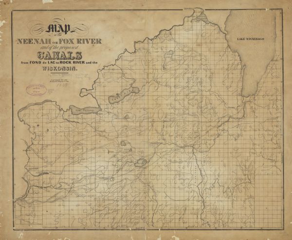 This map shows the township and section grid, lakes, rivers, swamps, prairies, roads, and proposed canals in the area of Wisconsin south of Lake Winnebago and east of the Fox River. Portions of the Rock River are labeled Doty's River and Horicon Marsh is labeled Winnebago Swamp.