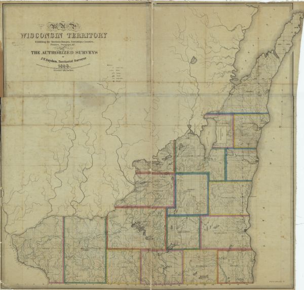 This map shows the townships, counties, prairies, and swamps in the Wisconsin Territory at the time. It includes the land south of the Wisconsin and Fox Rivers and up through the Door Peninsula.