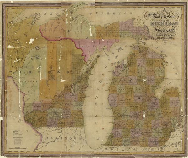 Wisconsin was considered part of Michigan Territory until 1836, a year before Michigan entered statehood. Drawn four years before Wisconsin entered statehood, this 1844 map shows seats of justice, towns and villages, proposed and existing canals, and proposed and existing railroads.