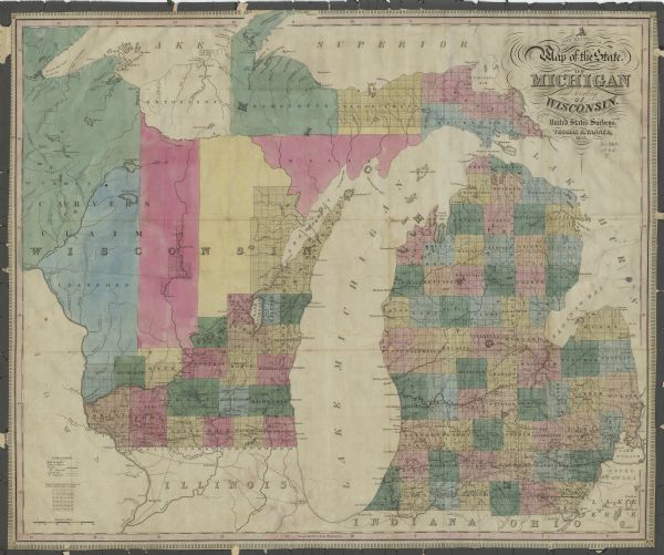 Wisconsin was considered part of Michigan Territory until 1836, a year before Michigan entered statehood. Drawn three years before Wisconsin entered statehood, this 1845 map shows seats of justice, towns and villages, proposed and existing canals, and proposed and existing railroads. Modern-day counties of South/Southeastern Wisconsin are depicted here.