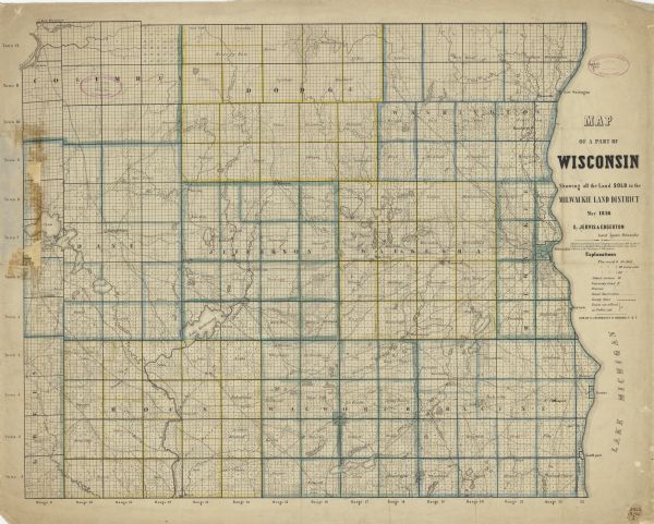 Hand-colored map of southeastern Wisconsin showing the counties of Dodge, Jefferson, Rock, Walworth, Racine (including modern-day Kenosha County), Waukesha, Washington (including modern-day Ozaukee County) and Milwaukee [Milwaukie]. The map also includes portions of Dane, Green, and Columbia counties. The Included key shows the locations of school sections, university land, prairies, canal reservation, and county lines (also shown by colored lines).
