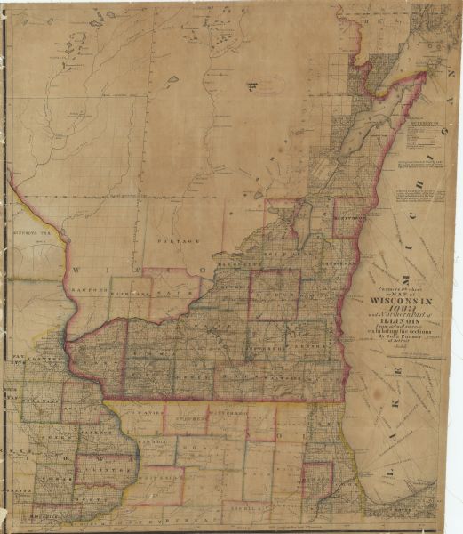 Wisconsin became the thirtieth state in 1848. Drawn that same year, this map shows township lines, roads, villages, mills, railroads, prairies, swamps, canals, geological lines, county seats, lighthouses and rivers. It covers eastern Iowa, southern and eastern Wisconsin, and northern Illinois.