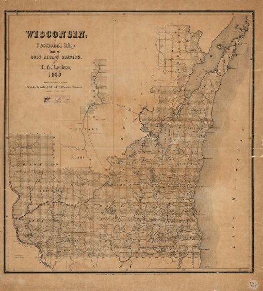This map by Increase Lapham shows the township and range system in southern and eastern Wisconsin as well as along the Wisconsin River in present-day Marathon, Portage, and Wood counties. Counties, cities, and villages are identified and rivers, lakes, and roads are shown. Also shows lead and copper mines. 'Entered according to Act of Congress in the year 1846 by P.C. Hale in the Clerks Office of the District Court of the Territory of Wisconsin.'