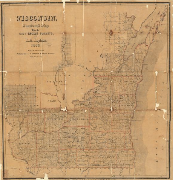 Published a year after Wisconsin entered statehood, this map shows the counties and towns in existence at the time - mainly in southern/southeastern Wisconsin - as well as lead and copper mines.