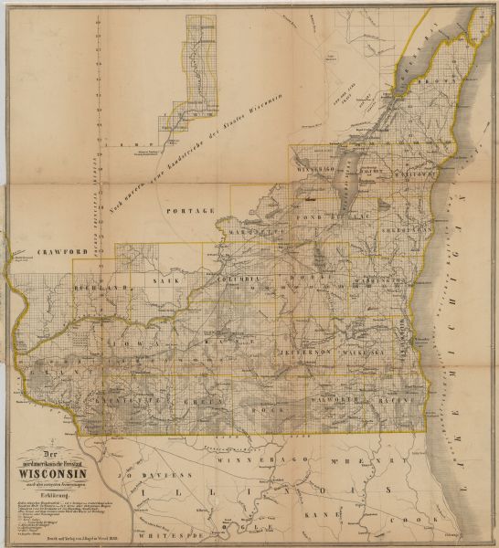 Published in Germany a year after Wisconsin entered statehood, this map shows prairies, swamps, lakes, mounds, limestone deposits, and lead and copper mines, in addition to counties and towns. The map key is written in German.