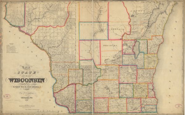 This detailed map outlines mid and southern WI county boundaries in bright color, and city/town lines are provided. Other marks include lead mines, copper mines, streams, plank roads, Lake Michigan elevation, Green Bay water depth, and the Milwaukee and Mississippi Rail Roads.