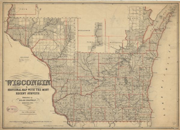 Southern two thirds of Wisconsin with county boundaries hand-colored in red. The map displays towns, railroads, plan roads and mines. The scale is ten miles to an inch.