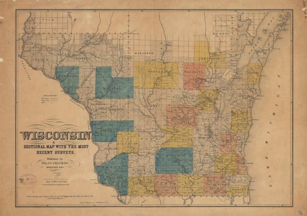 This map shows surveyed counties in blue, yellow, and pink, railroads, plank roads and mines. Lake Michigan, the Mississippi River, other rivers and lakes, and communities are labeled.