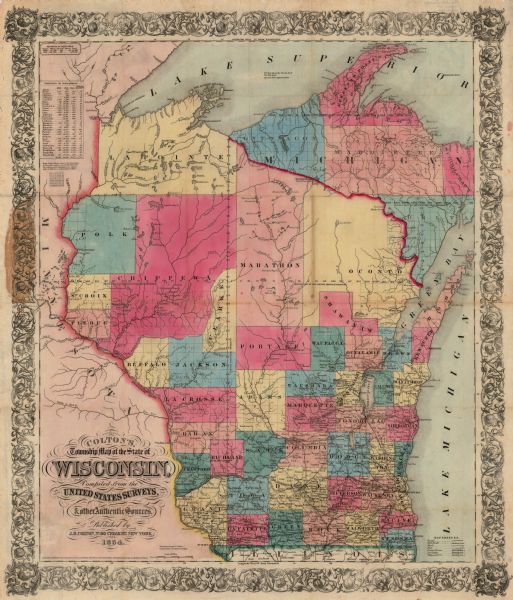Brightly-colored map exhaustively marks the townships, County Towns and villages of Wisconsin. It also shows rivers, canals, railroads, and plank roads. Each county's population, farms and productive establishments in 1840 and 1850 are listed in the top left corner of the map, along with a chart showing the state's white, free black, and slave population in the two respective years.
