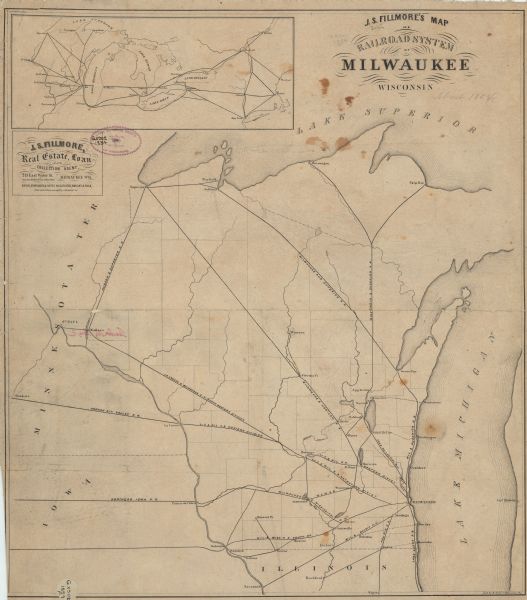 This map shows the railroads in the entire state of Wisconsin and their connections with points in Minnesota, Iowa, Illinois, and Michigan's Upper Peninsula. An inset map shows rail connections between Wisconsin and New York City, Boston, Montreal, and Quebec City.